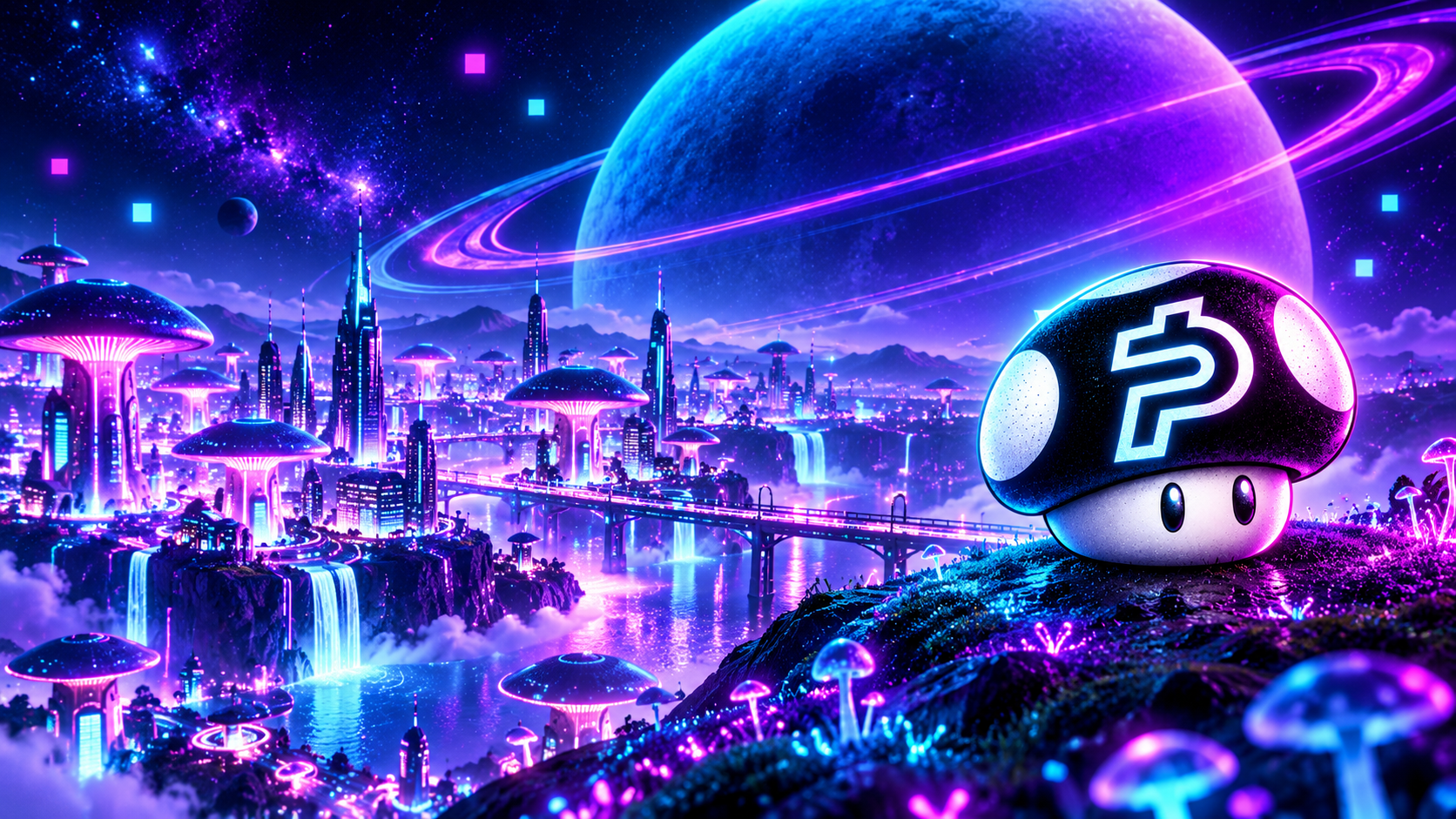 Paidshroom overlooking the neon mushroom city